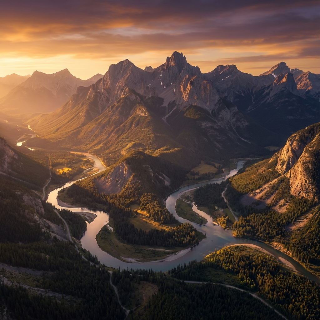 雄大な山々と川の空撮風景