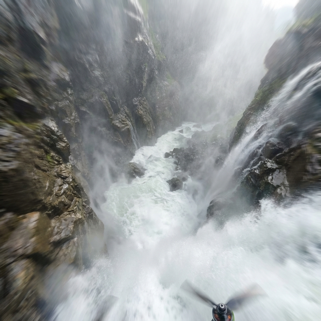 滝を急降下するFPV視点