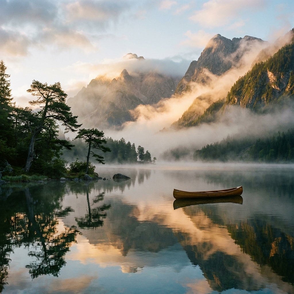 霧の立ち込める湖畔の風景